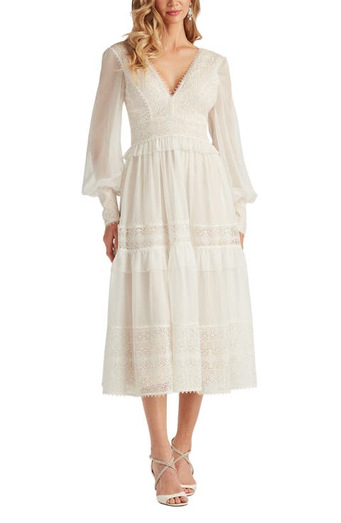 Lace Detail Long Sleeve Cocktail Midi Dress
