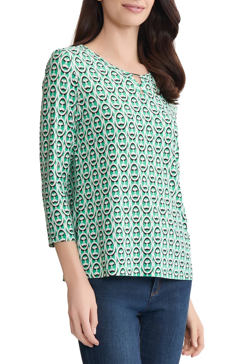Abstract Print Keyhole Three-Quarter Sleeve Crepe Top, Alternate, color, KELLY MULTI
