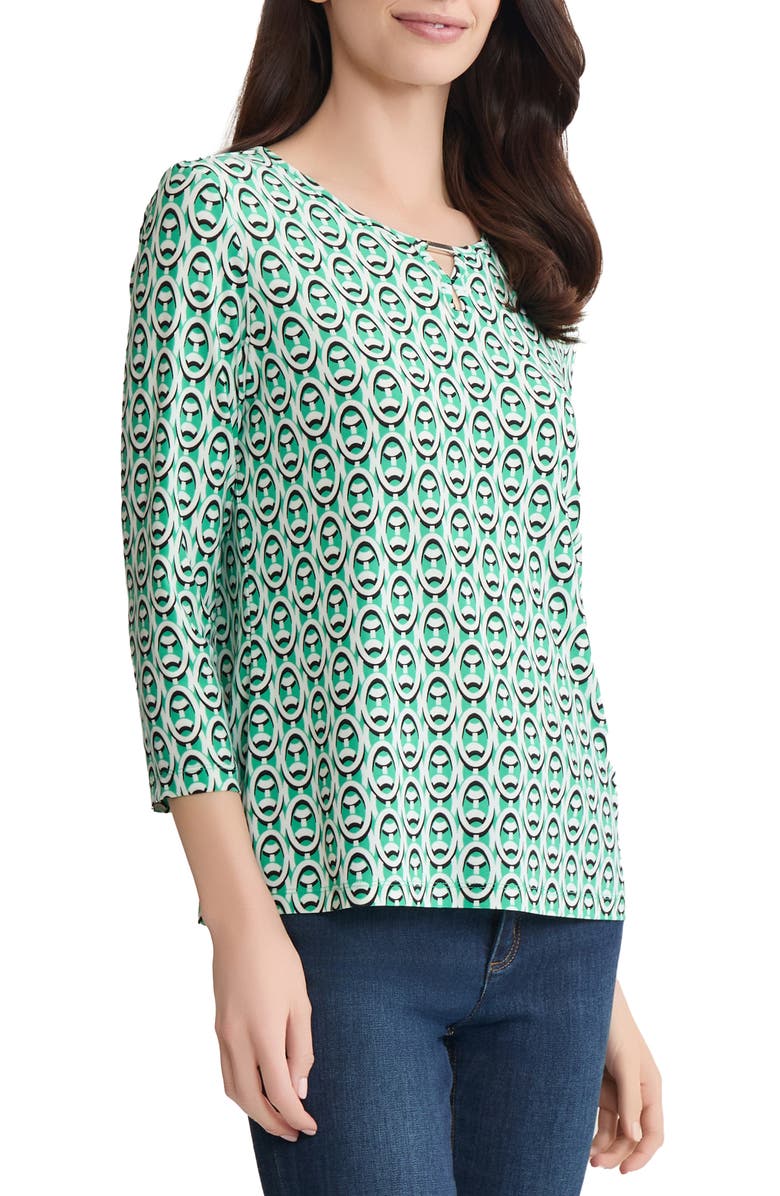 Jones New York Abstract Print Keyhole Three-Quarter Sleeve Crepe Top, Alternate, color,