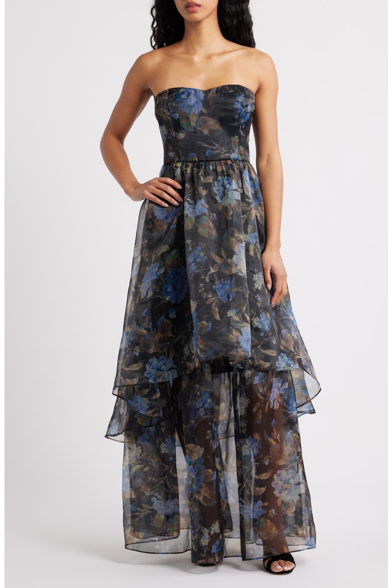 Marie Strapless Tiered Maxi Cocktail Dress, Main, color, BLACK FLORAL