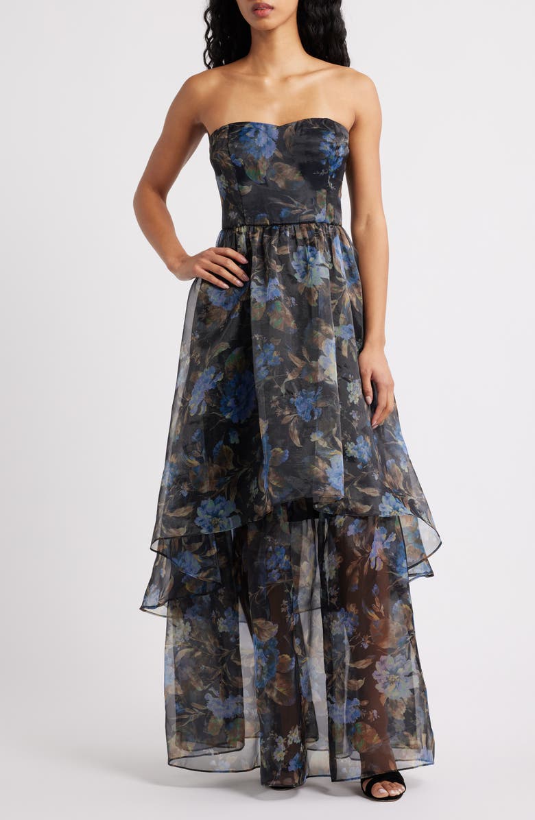 Lulus Marie Strapless Tiered Maxi Cocktail Dress, Main, color, Black Floral