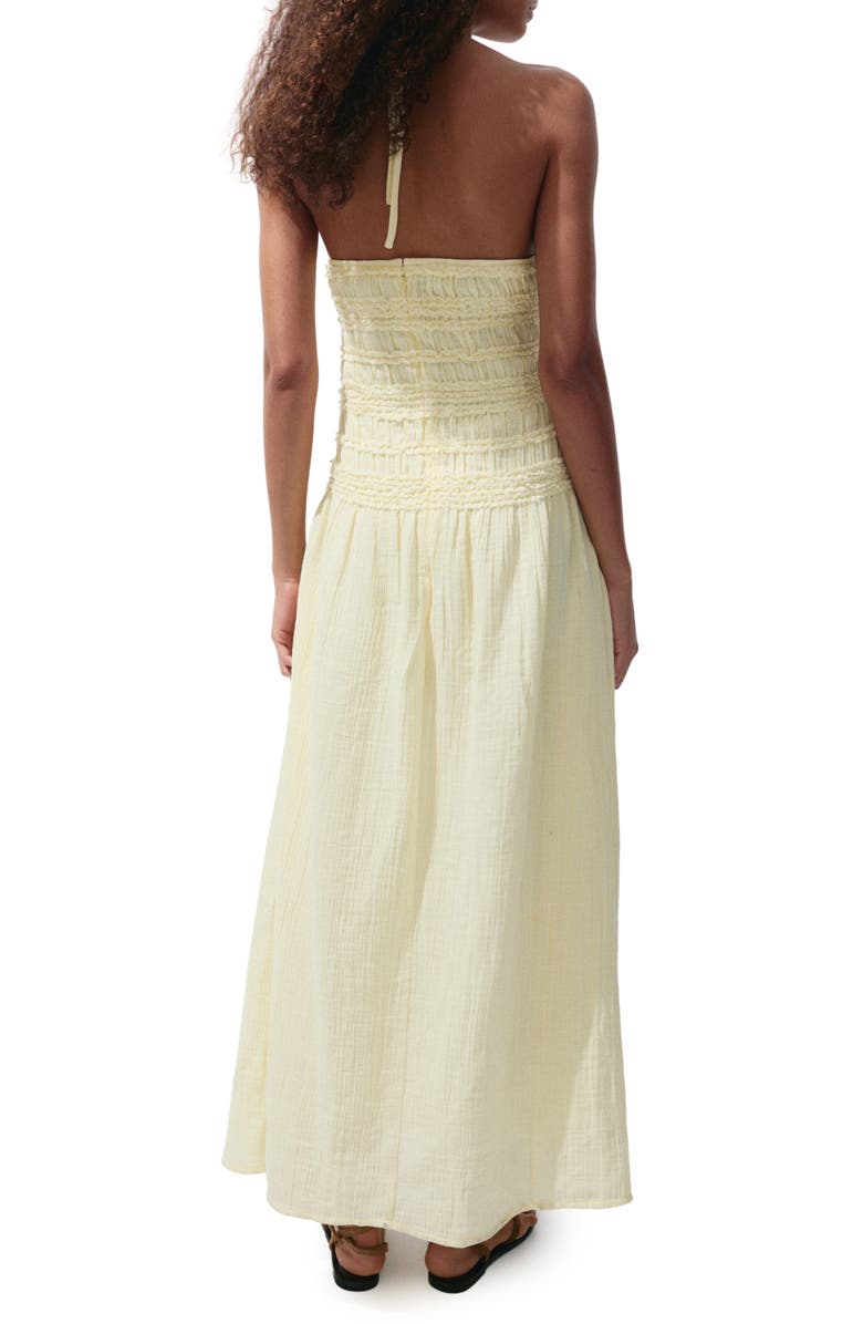 MANGO Smocked Crinkle Halter Midi Dress, Alternate, color, Pastel Yellow