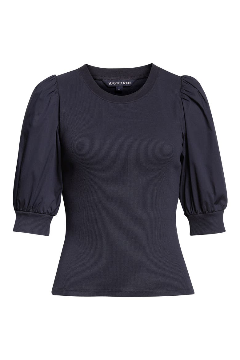 Coralee Mixed Media Puff Sleeve Stretch Cotton Top, Alternate, color, NAVY