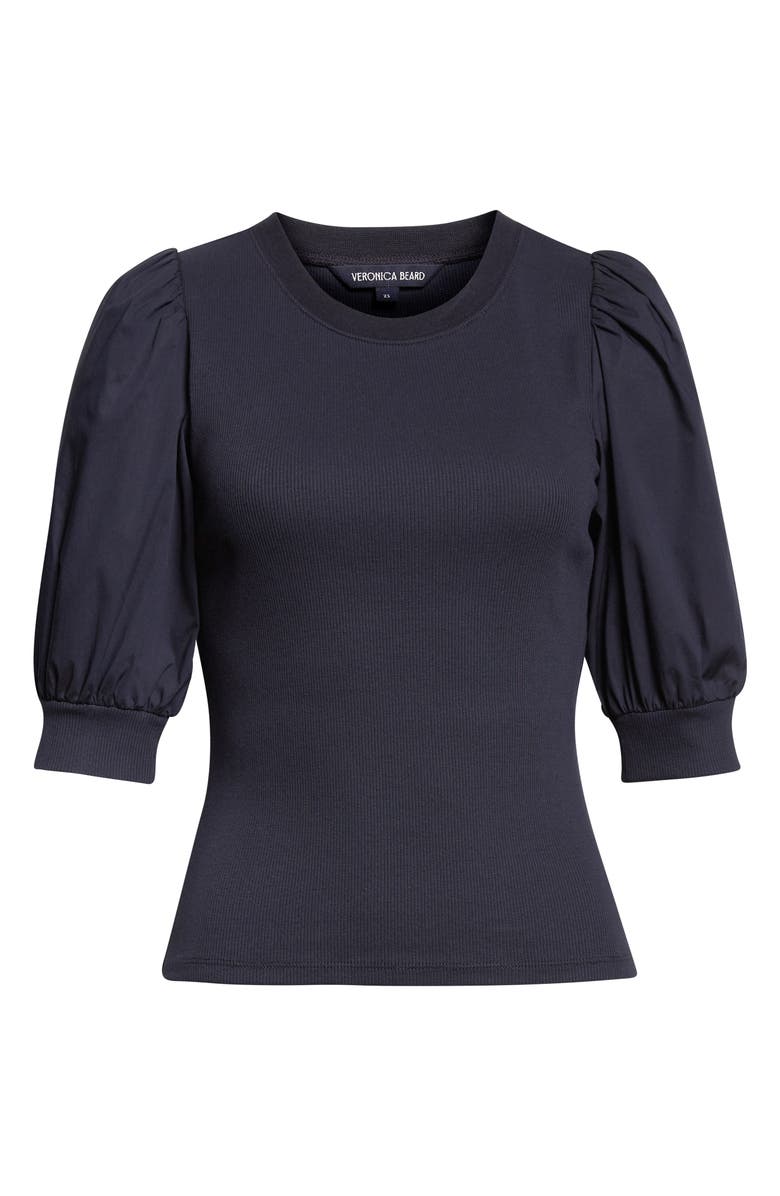 Veronica Beard Coralee Mixed Media Puff Sleeve Stretch Cotton Top, Alternate, color, Navy