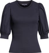 Veronica Beard Coralee Mixed Media Puff Sleeve Stretch Cotton Top