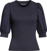 Veronica Beard Coralee Mixed Media Puff Sleeve Stretch Cotton Top