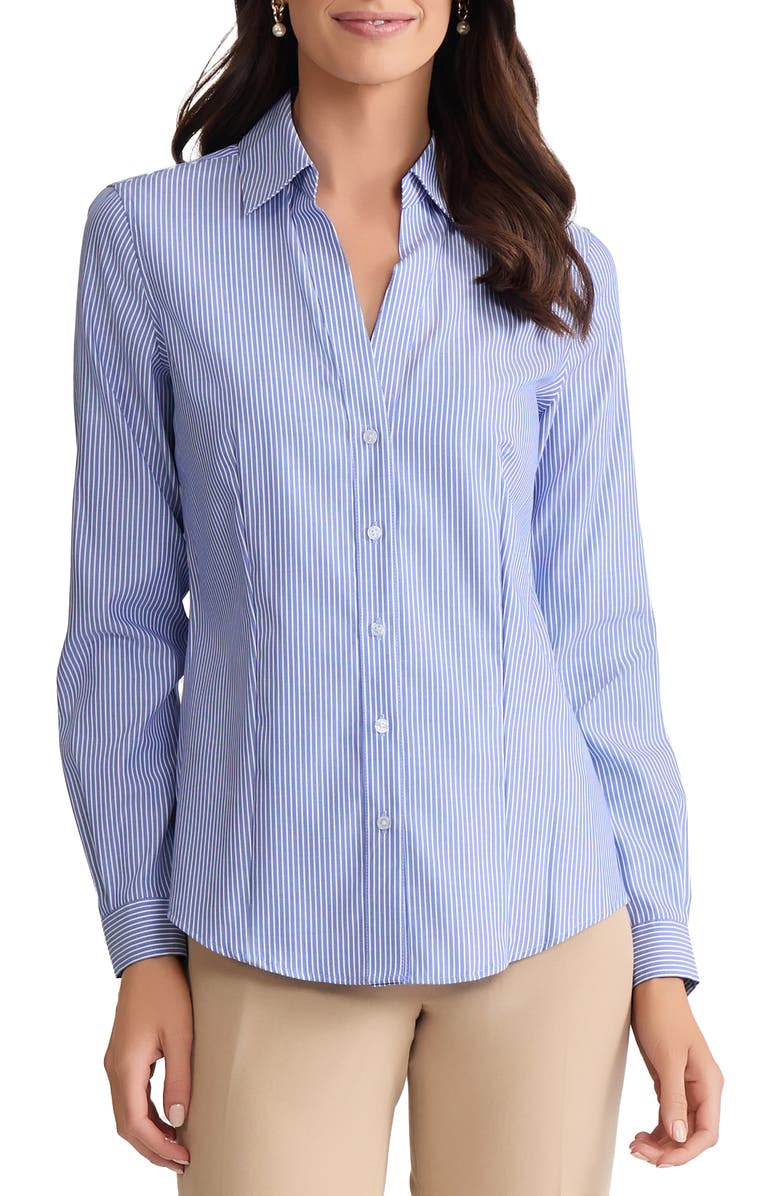 Jones New York Stripe Easy Care Button-Up Shirt, Main, color, Blue/ White