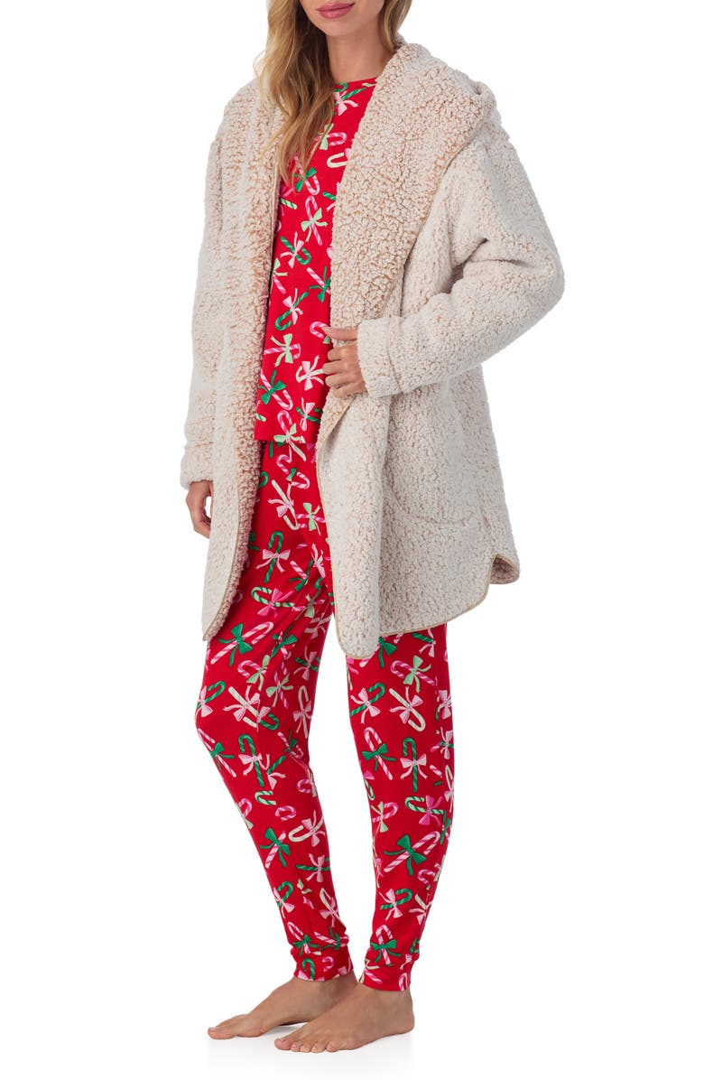 Room Service Pjs Hooded Fleece Lounge Jacket, Alternate, color, Tan Print