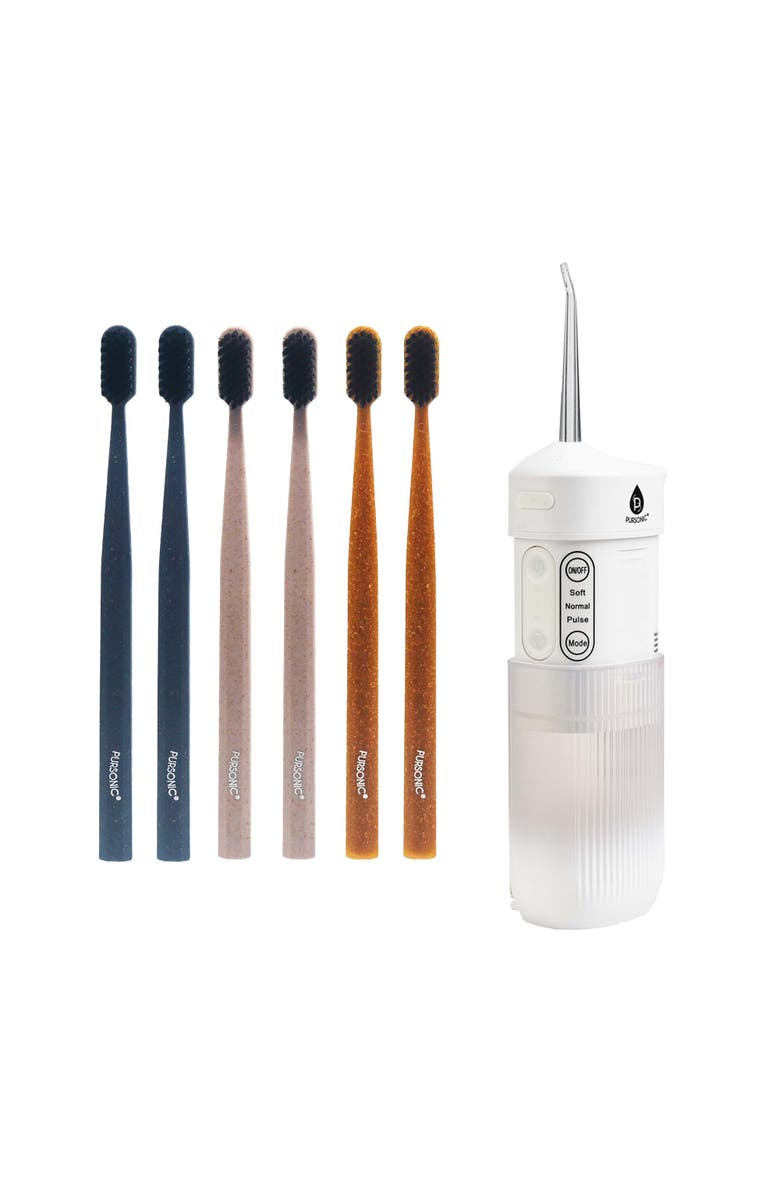 PURSONIC Ultimate Oral Care Bundle USB Rechargeable Collapsible Water Flosser & Wide Brush Head Charcoal Toothbrush, Main, color, Multicolor
