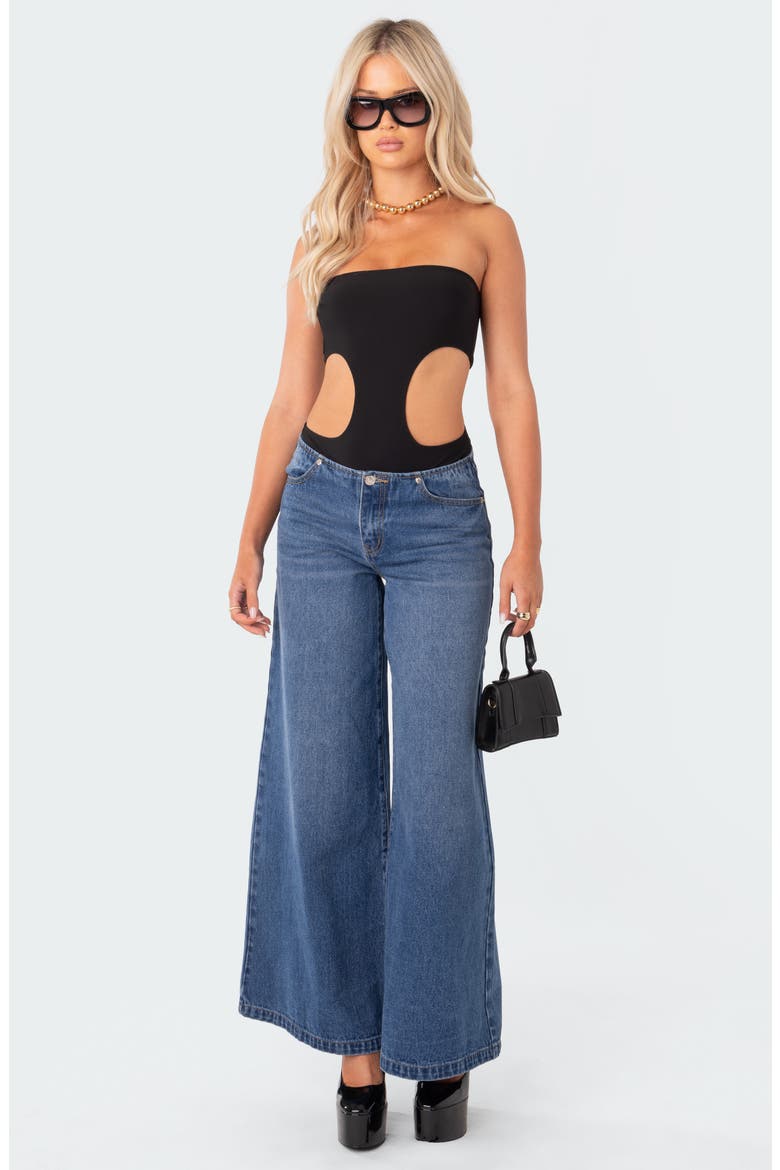 Vivie Cutout Rib Strapless Bodysuit, Alternate, color, BLACK
