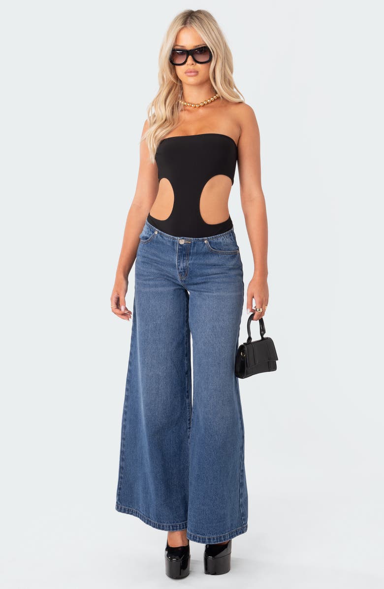 EDIKTED Vivie Cutout Rib Strapless Bodysuit, Alternate, color, Black