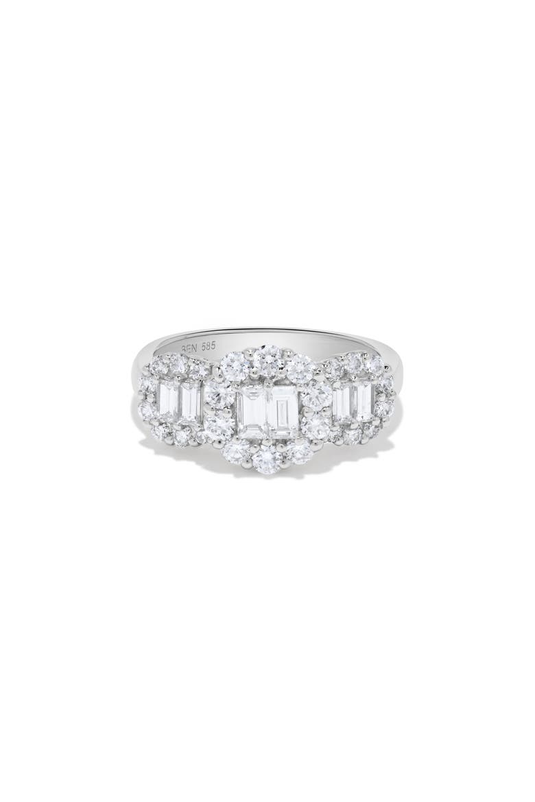 Triple Baguette Diamond Round Halo Ring in 14K White Gold, Main, color, 14K White Gold
