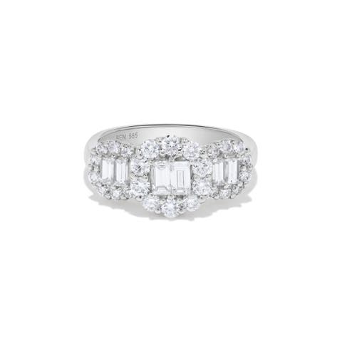 Triple Baguette Diamond Round Halo Ring in 14K White Gold