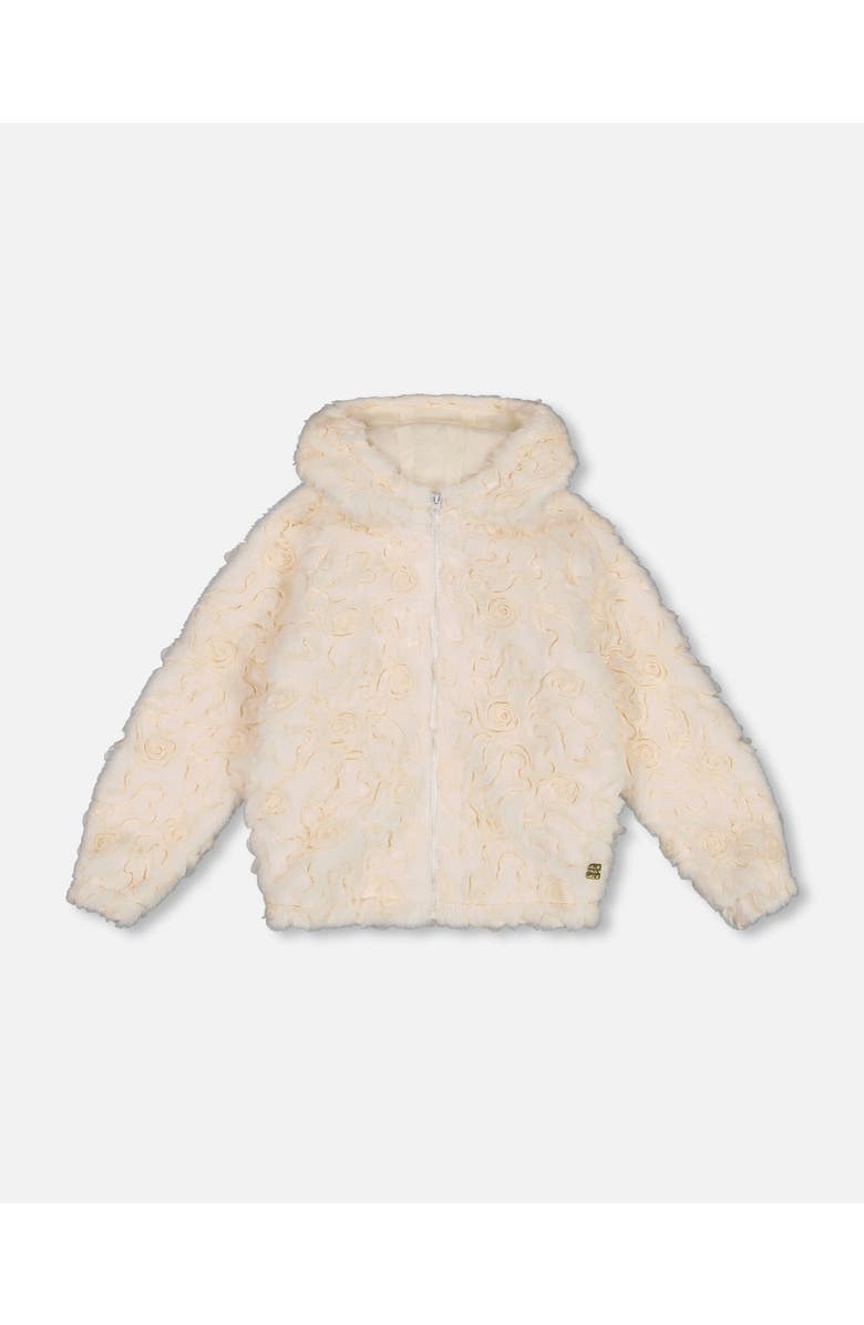 Deux par Deux Little Girl's Embroidered Faux Fur Cardigan Off White, Main, color, 
