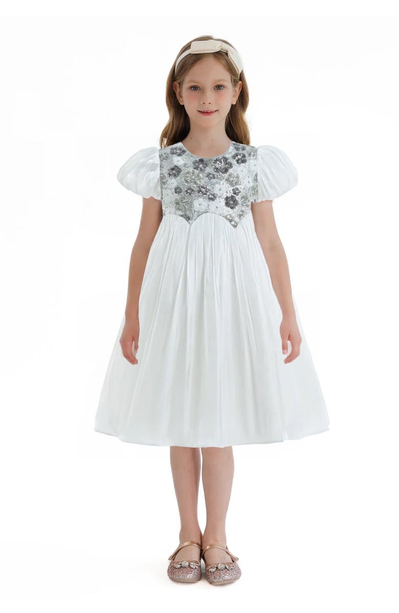 Tulleen Sequin Floral Bodice Dress, Alternate, color, White