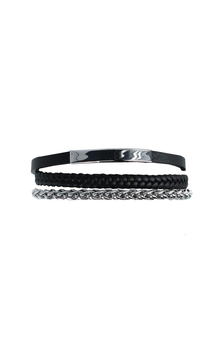 Trafalgar Zaid Metal and Leather Triple Strand Secure Clasp Bracelet, Alternate, color, Black With Silver Metal