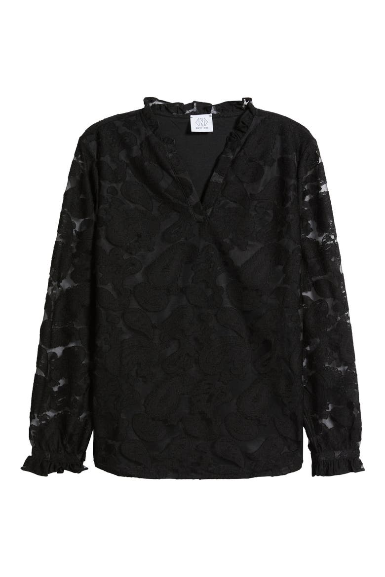 Kang Lace Appliqué Split Neck Top, Alternate, color, BLACK
