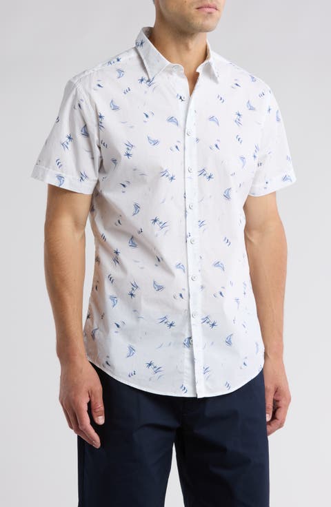 Forest Estate Print Cotton Short Sleeve Button-Up Shirt