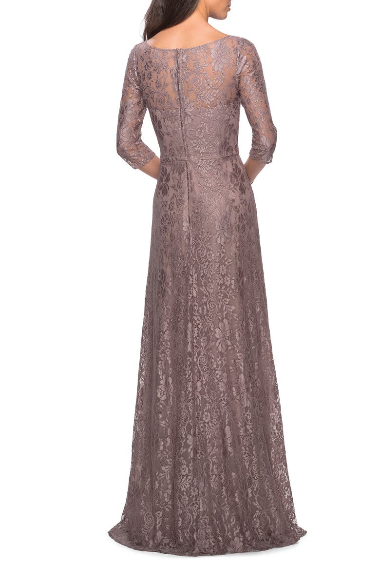 La Femme Long Lace Dress with Empire Waist and 3/4 Sleeves, Alternate, color, Cocoa