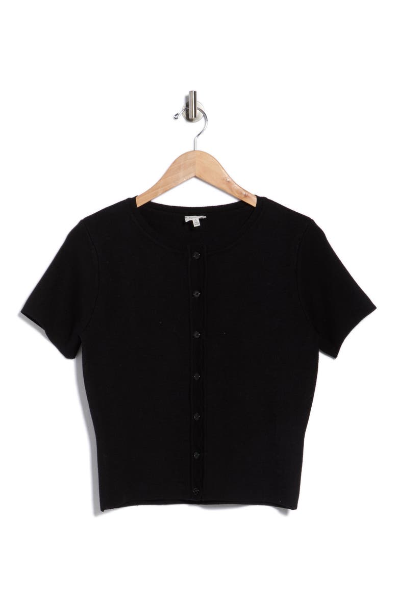 Scallop Short Sleeve Knit Cardigan, Alternate, color, BLACK