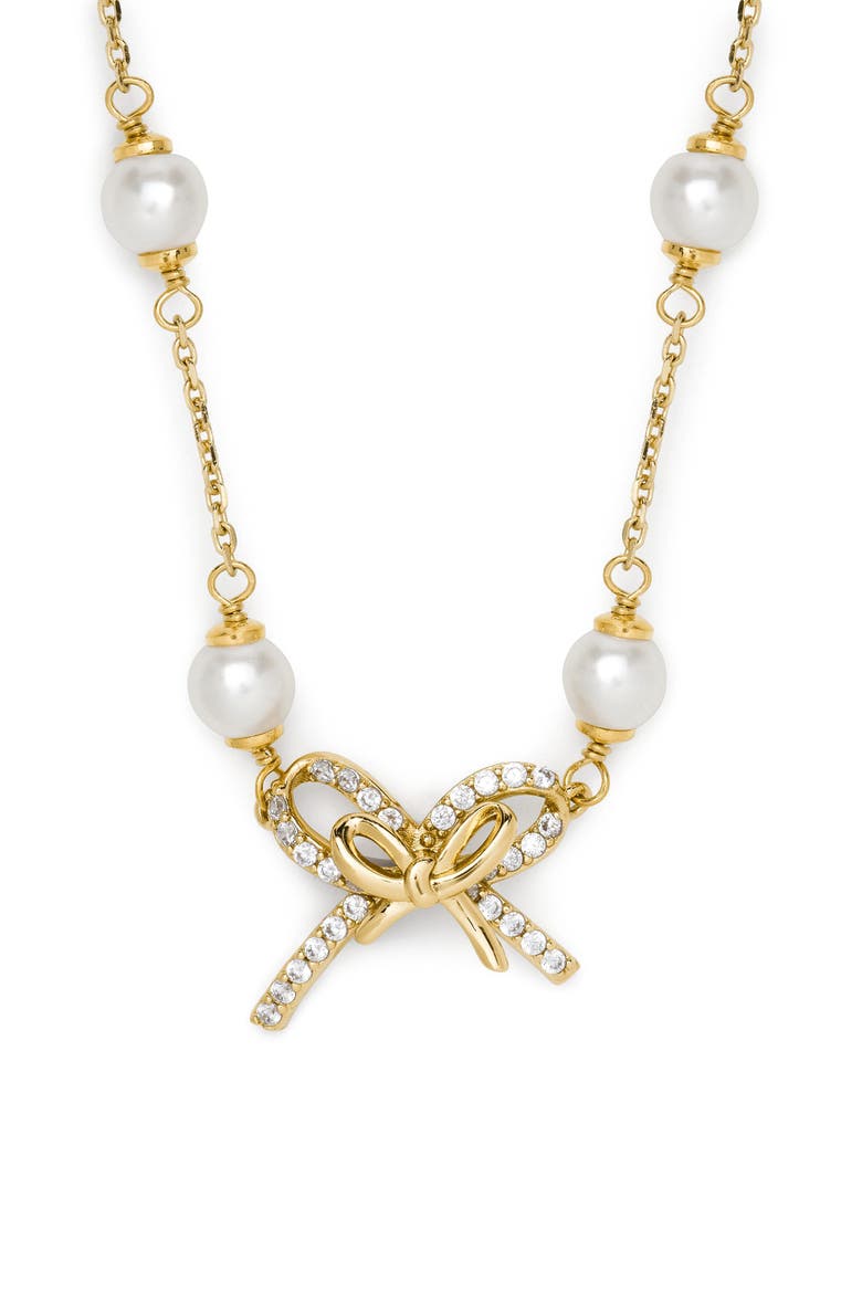 pavé bow faux pearl necklace, Main, color, CREAM/ GOLD