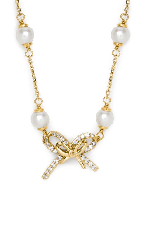 pavé bow faux pearl necklace