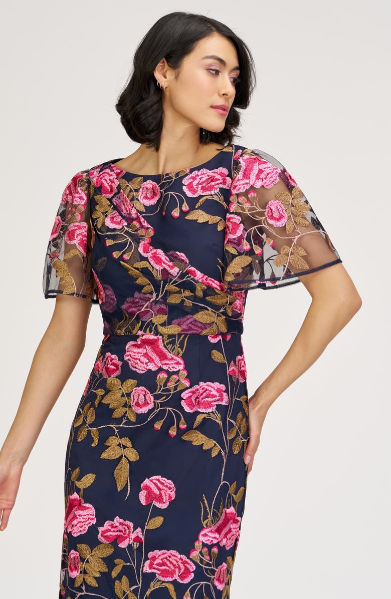 JS Collections Kristine Floral Embroidery Column Gown, Alternate, color, Navy Multi