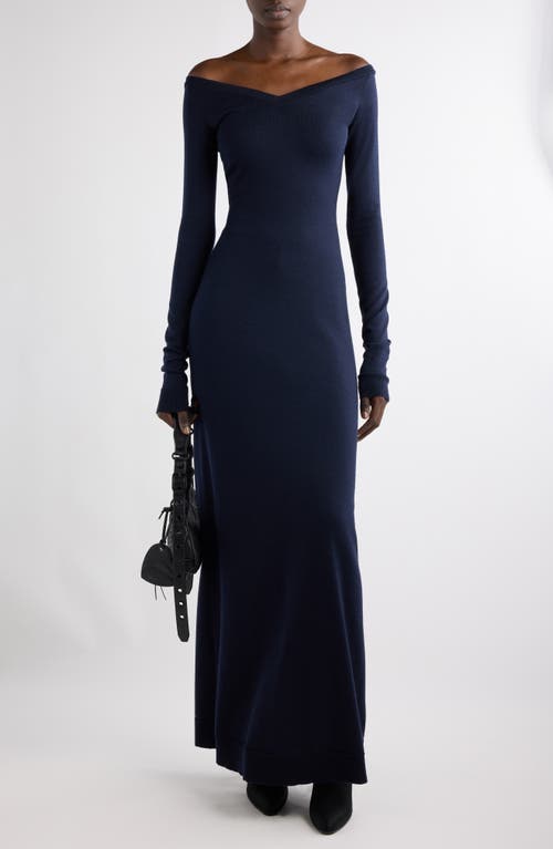 Balenciaga Off The Shoulder Long Sleeve Virgin Wool Blend Sweater Dress In 8065 Navy