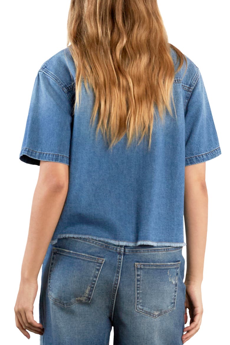 Emily Frayed Short Sleeve Denim Button-Up Shirt, Alternate, color, SHINE BLUE