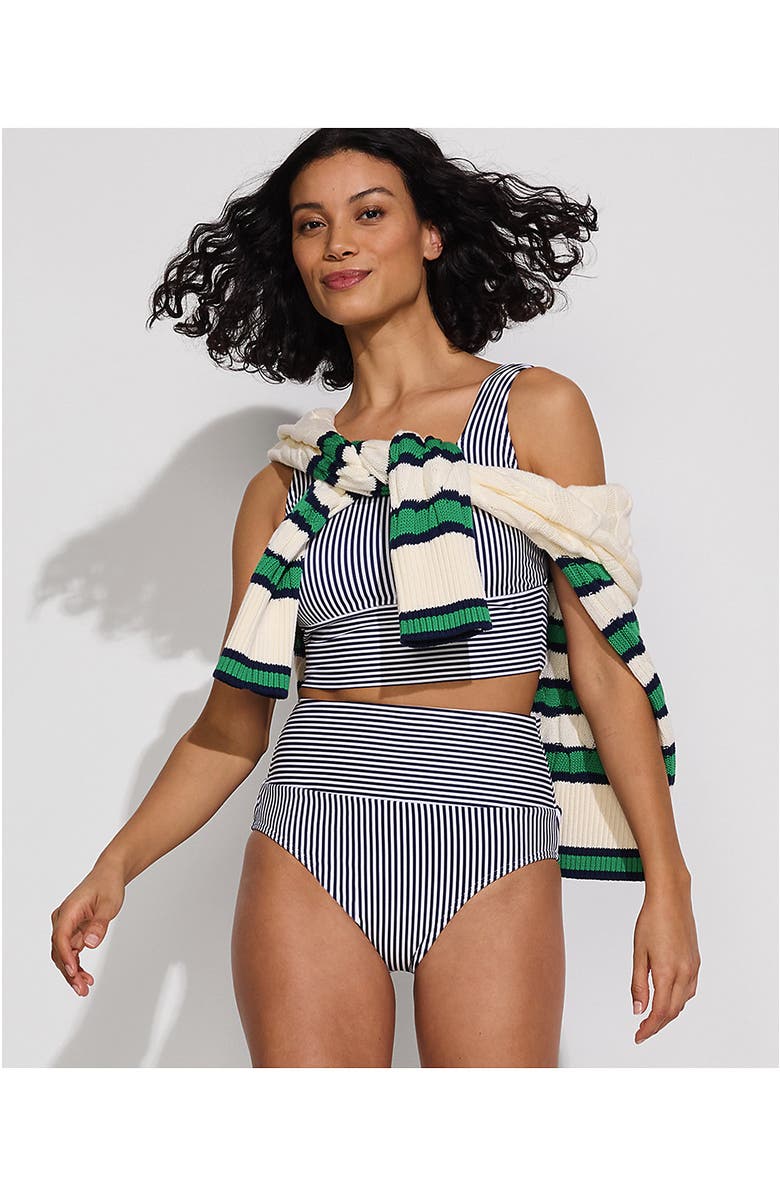 Lands' End Tugless Tankini Top and High Waisted Bottom Swimsuit Set, Alternate, color, Deep Sea Navy Mini Stripe