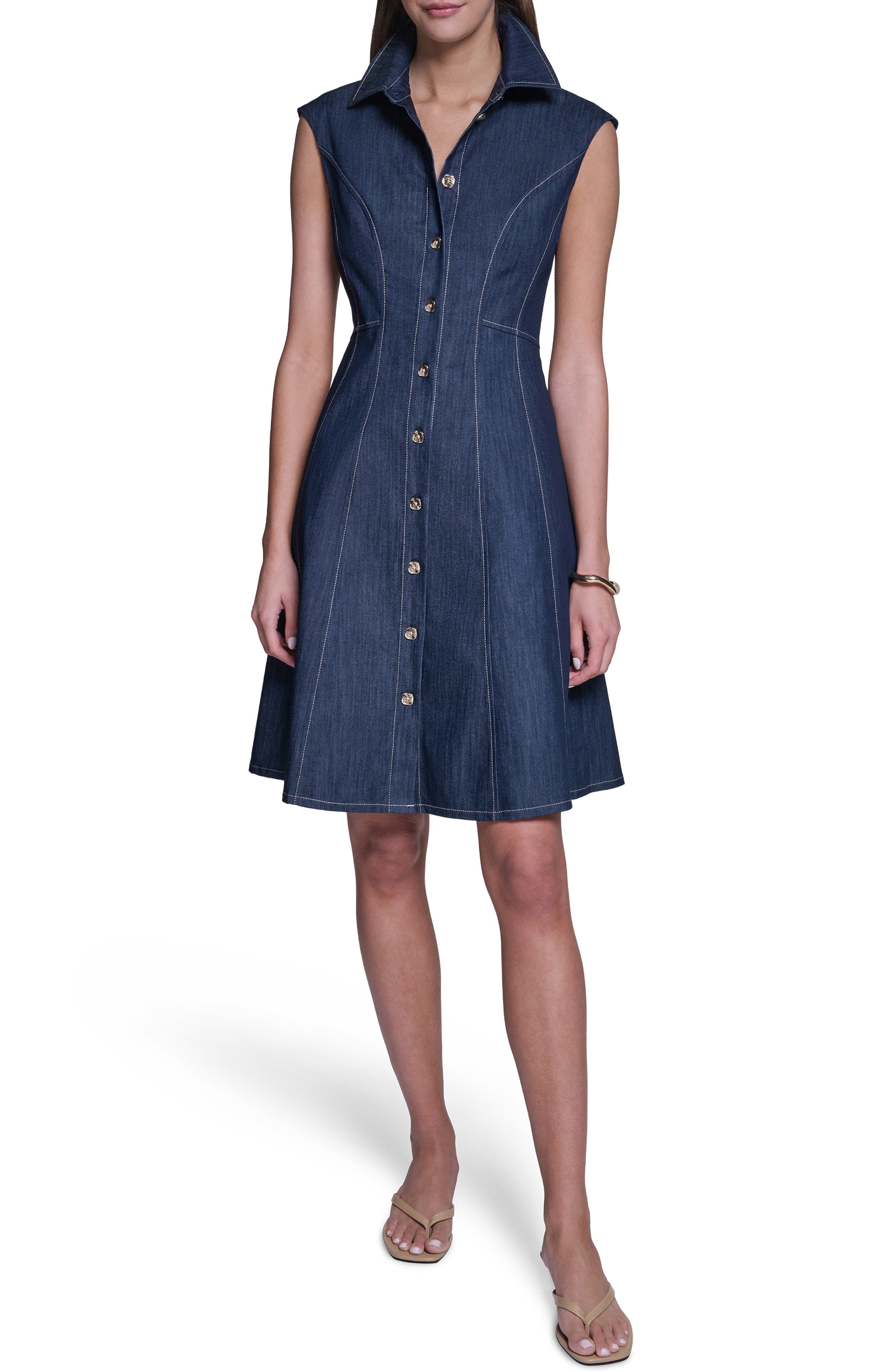 Buttoned Denim Fit & Flare Dress