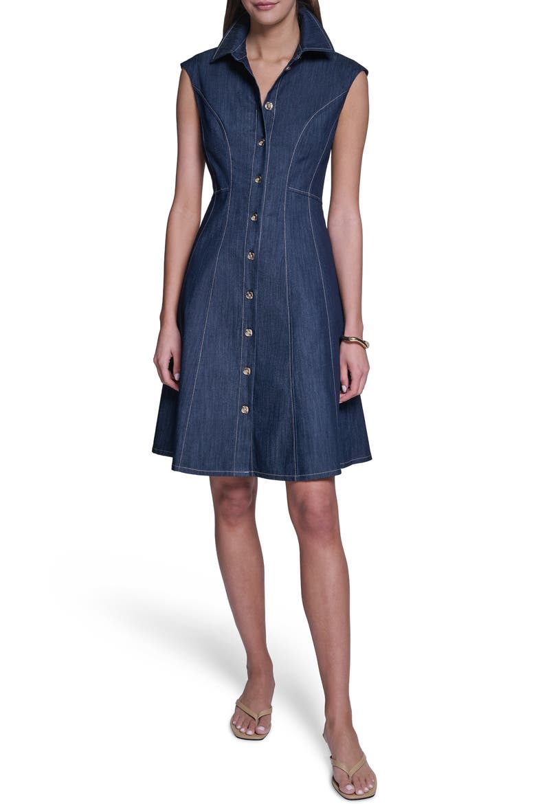 Buttoned Denim Fit & Flare Dress, Main, color, DENIM