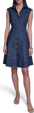HALSTON Buttoned Denim Fit & Flare Dress