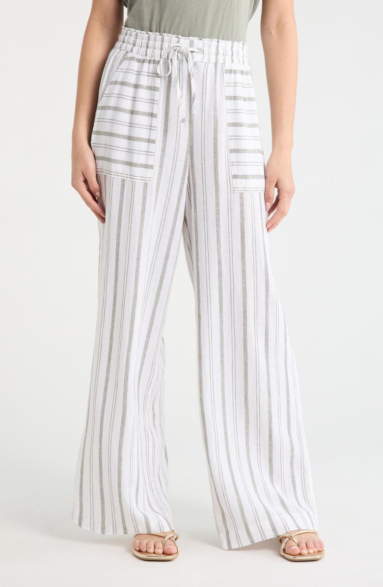 Splendid Stella Stripe Linen Blend Paperbag Pants, Main, color, Eucalyptus Green/ White