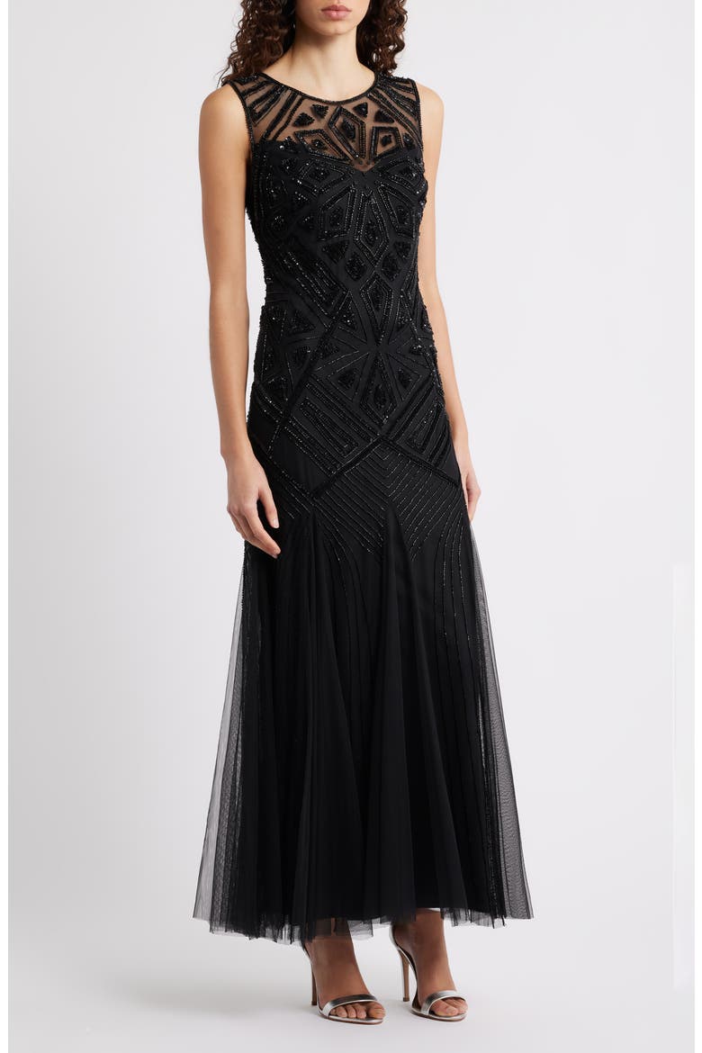 Geometric Beaded Sleeveless Gown, Main, color, BLACK 001