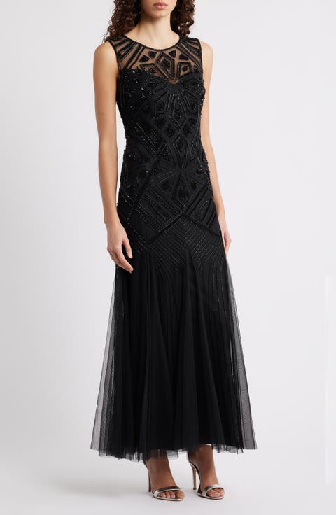 Geometric Beaded Sleeveless Gown
