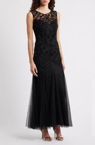 Pisarro Nights Geometric Beaded Sleeveless Gown