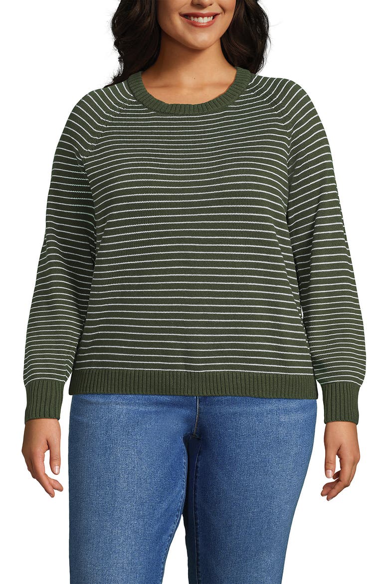 Plus Size Drifter Raglan Crew Sweater, Main, color, Green/Pale Sky Mini Stripe