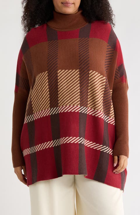 Plaid Turtleneck Poncho (Plus)
