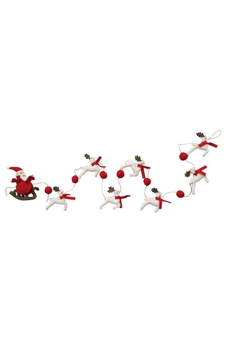 Handmade Wool Felt Santa in Sleigh and Reindeer Garland with Pom Poms and Jute Cord, Cream, Red and Brown, Main, color, Cream