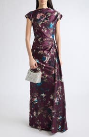 Erdem Floral Draped Textured Satin Gown