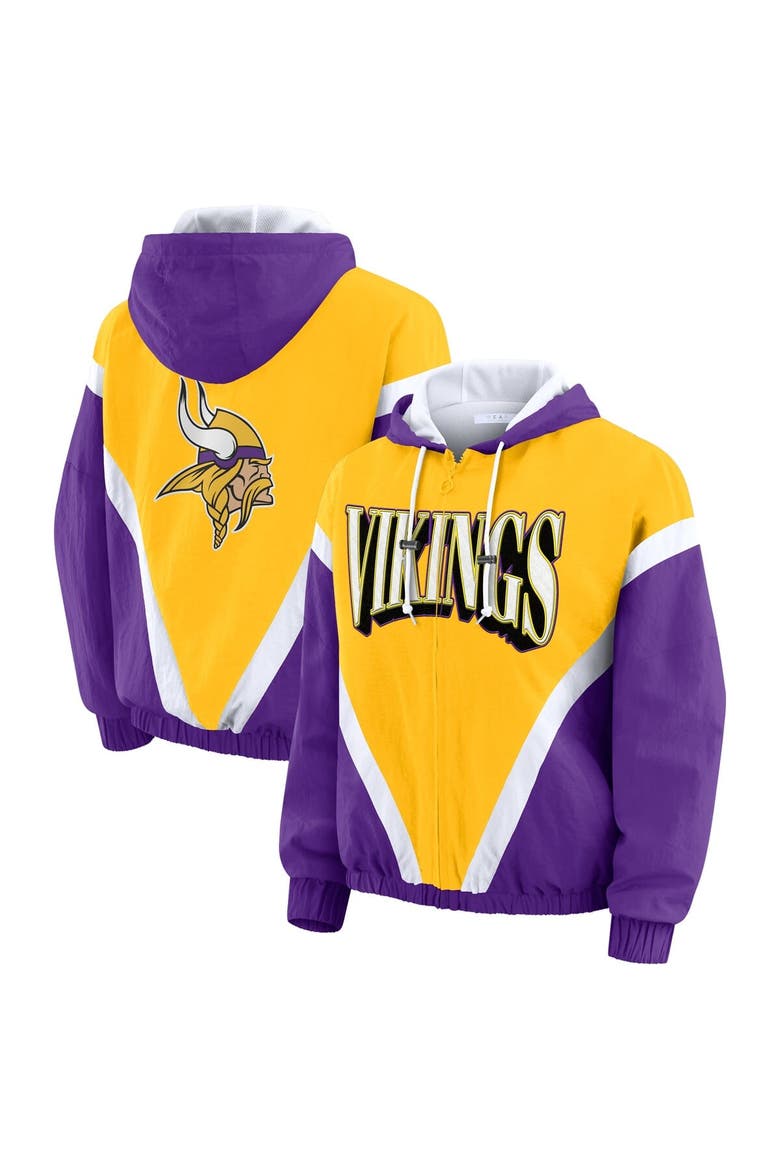 Women's WEAR by Erin Andrews Gold/Purple Minnesota Vikings Retro Crinkle Full-Zip Hoodie Windbreaker, Main, color, Gold