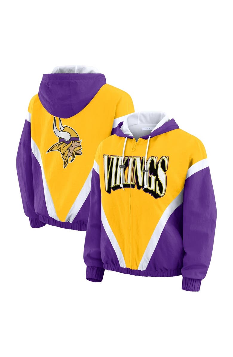WEAR by Erin Andrews Women's WEAR by Erin Andrews Gold/Purple Minnesota Vikings Retro Crinkle Full-Zip Hoodie Windbreaker, Main, color, Gold