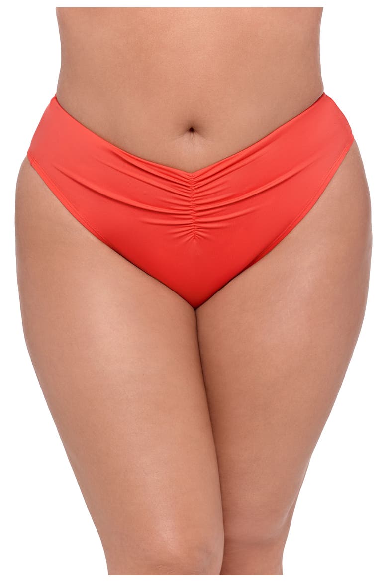 Smoothing and Sculpting Cinch Front High Cut Bikini Swimsuit Bottoms, Main, color, Hot Red