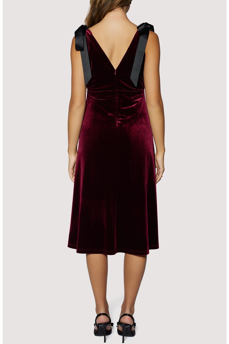 Adorned Virtue Bow Detail Velvet Midi Dress, Alternate, color, PLUM