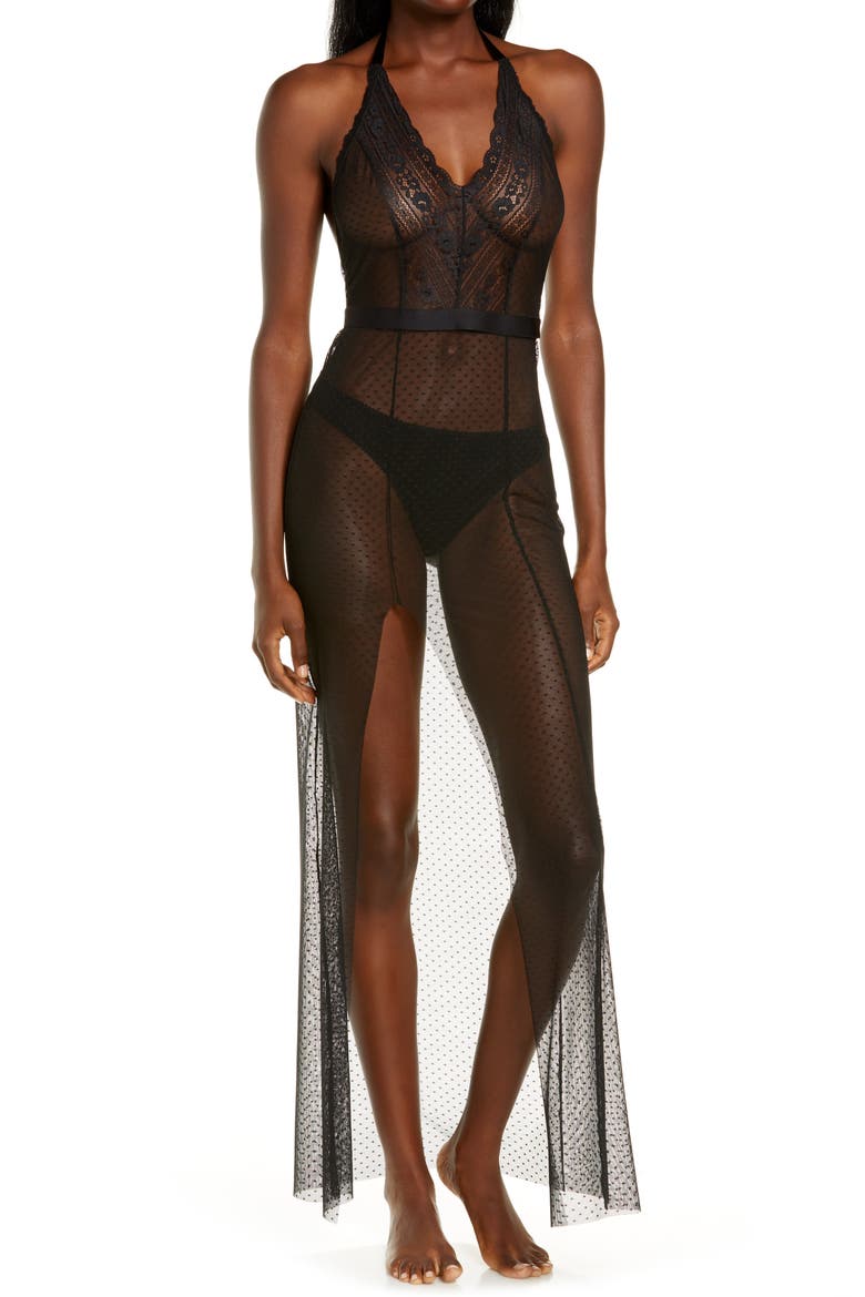 Monique Lhuillier x Hanky Panky Rendezvous Tulle & Lace Slip, Main, color, BLACK