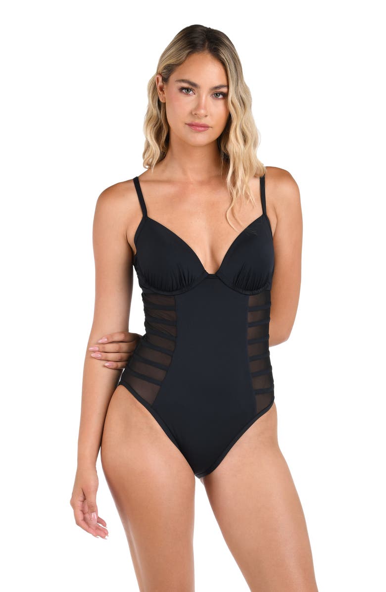 La Blanca Island Mesh Stripe Mesh Underwire One-Piece Swimsuit, Alternate, color, Black