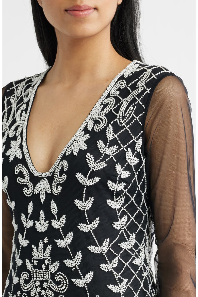 Beaded Mesh Sleeve Minidress, Alternate, color, BLACK/ WHITE
