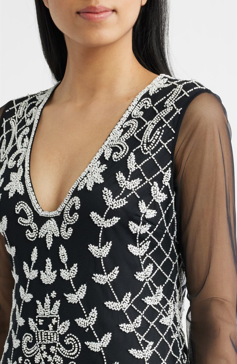 Pisarro Nights Beaded Mesh Sleeve Minidress, Alternate, color, Black/ White