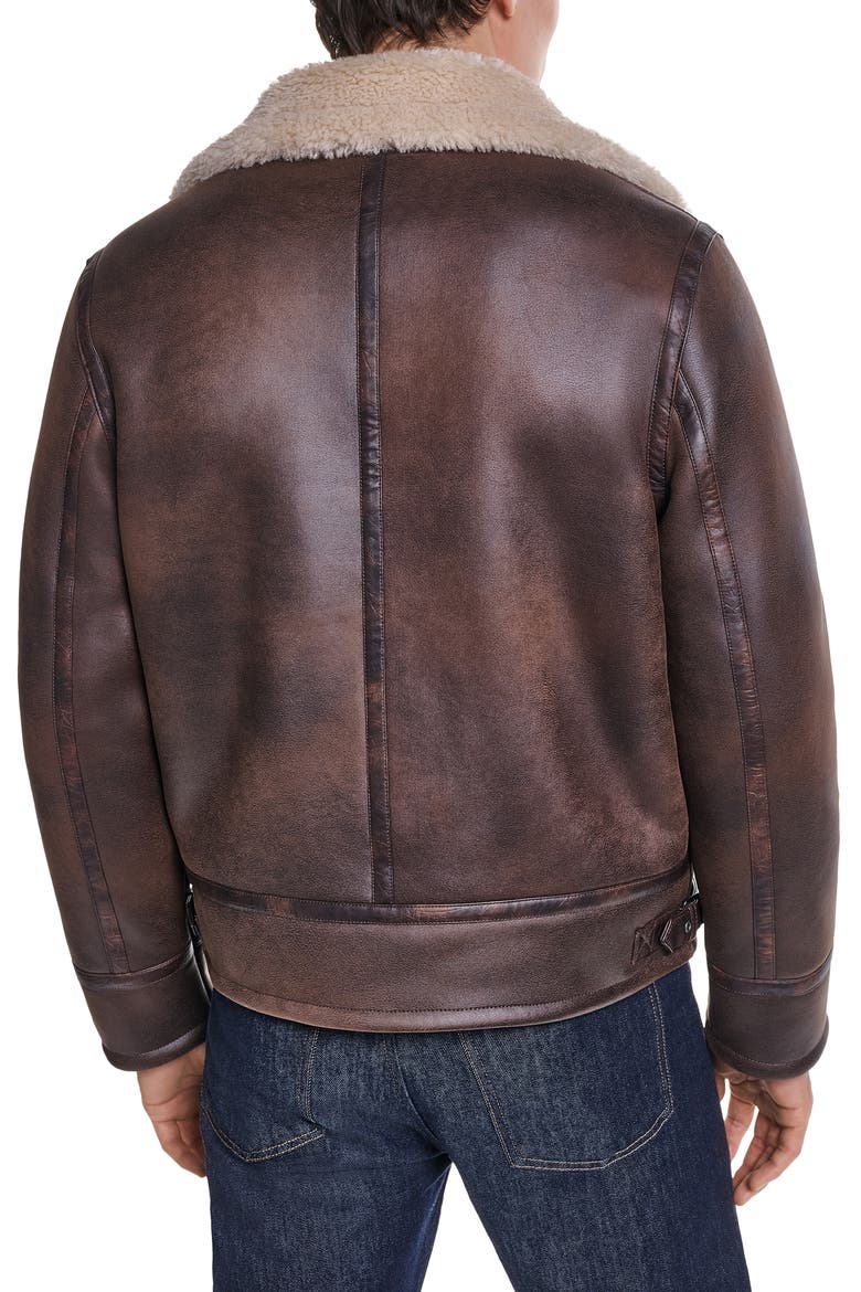 Asymmetrical Faux Leather Moto Jacket with Faux Shearling Lining, Alternate, color, BROWN